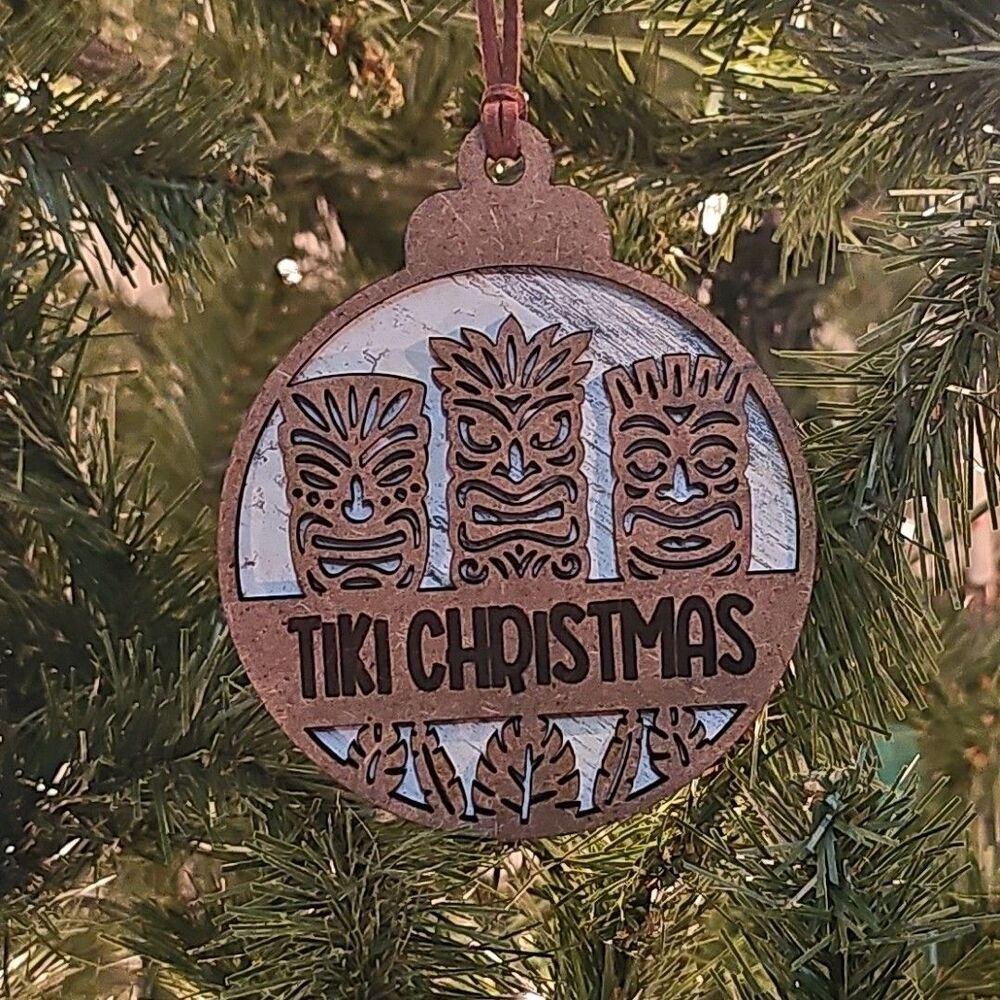 Handmade Wooden Tiki Christmas Ornament 3.5" Tropical Holiday Laser Cut White